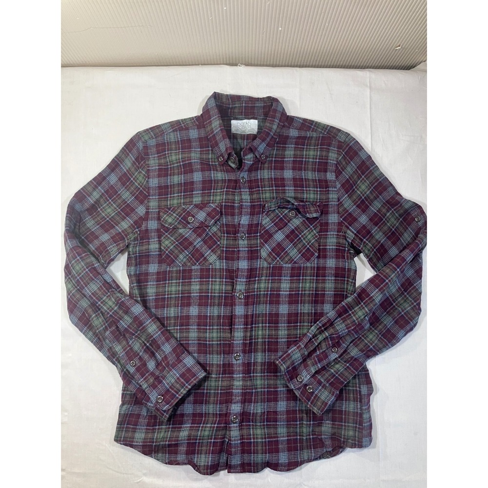 Ocean + Coast Mens XL Plaid Flannel Button Up Shirt Burgundy Green Cotton